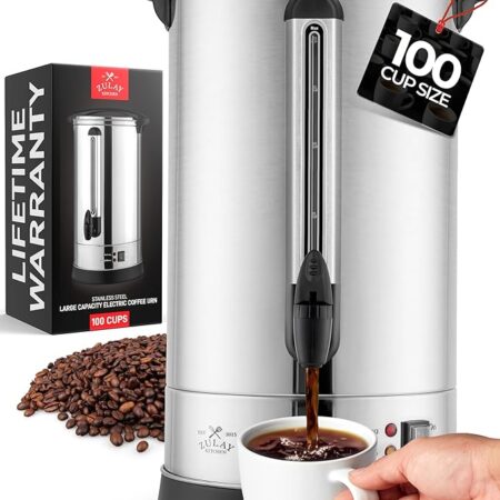 Zulay Commercial Coffee Maker - 100 Cup Coffee Percolator With Double-Wall Stainless Steel & Twist-Lock Lid - Quick Brewing Coffee Urn With Keep-Warm Mode For Events & Catering - Silver